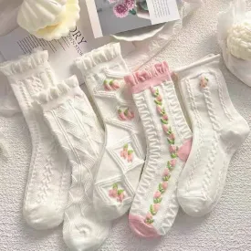 5 Pairs Pink Flower Socks for Women