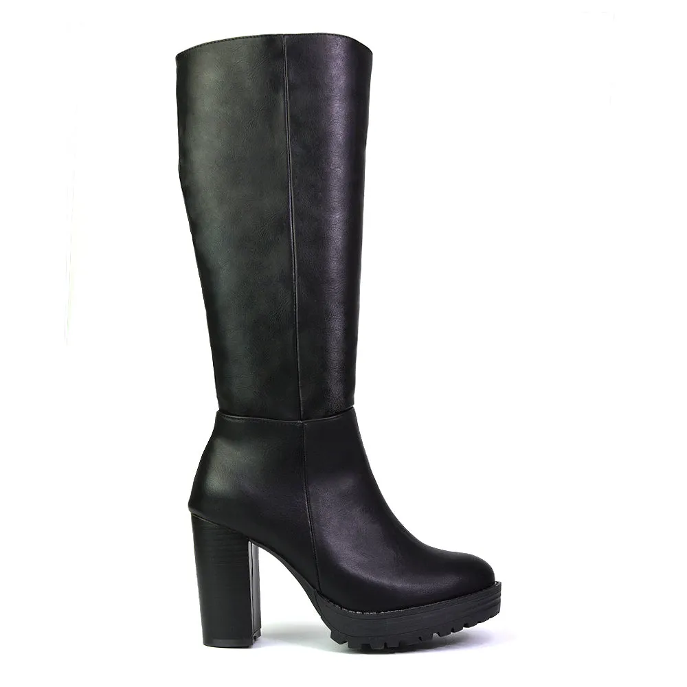 Addie Chunky Super High Block Heeled Platform Knee High Boots In Black Synthetic Leather