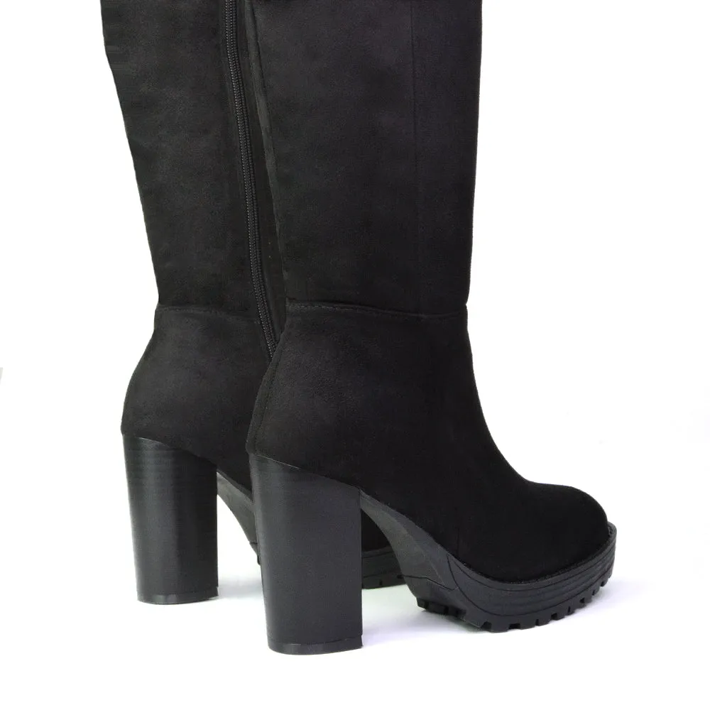 Addie Chunky Super High Block Heeled Platform Knee High Boots In Black Synthetic Leather