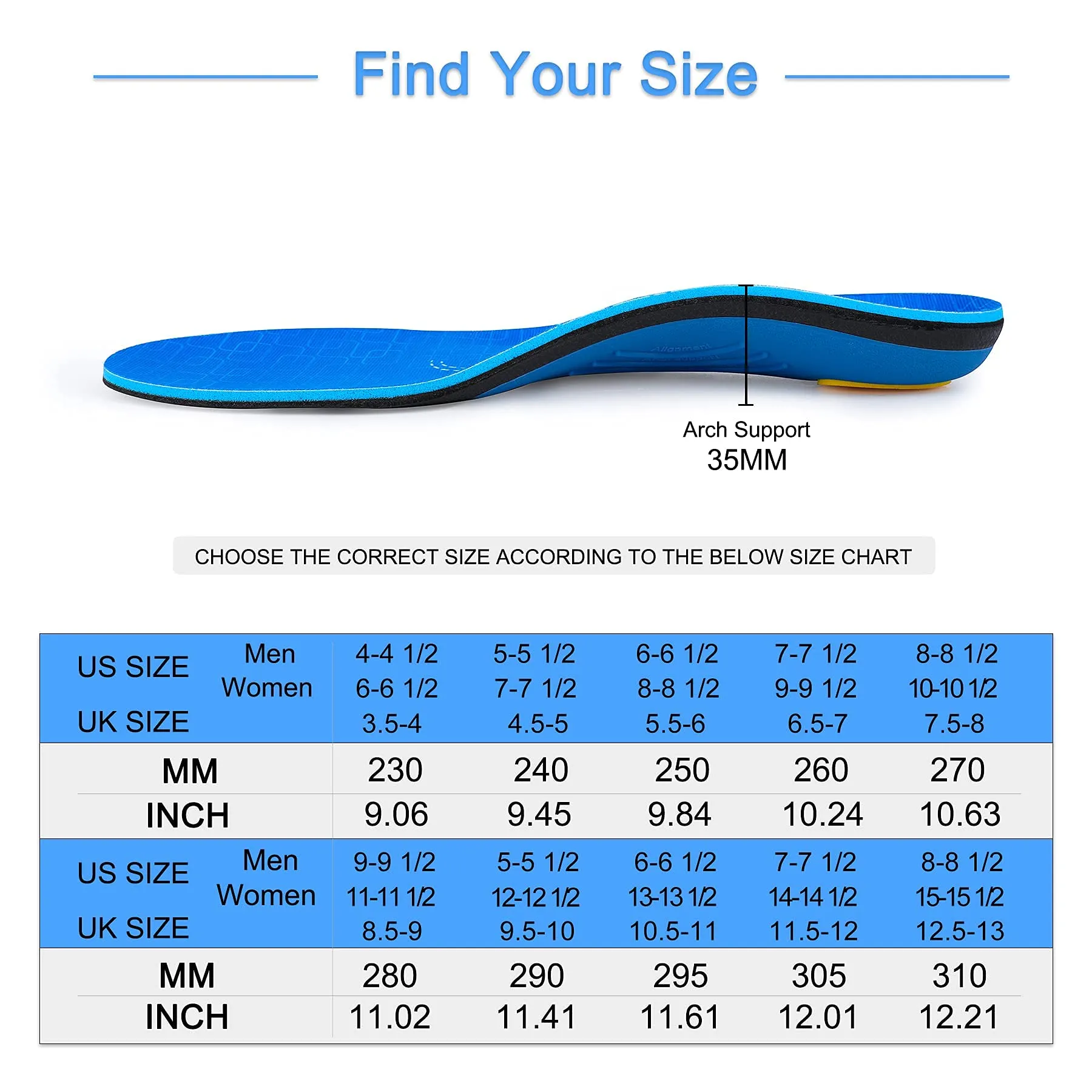 Arch Support Insertion Plantar Fasciitis Relieves Insoles Flat Feet Orthopedic Insoles Shock Absorption Comfortable High Arch Men and Women MEN (9-9 1/2) | WOMEN (11-11 1/2) --280MM-11.02" Blue