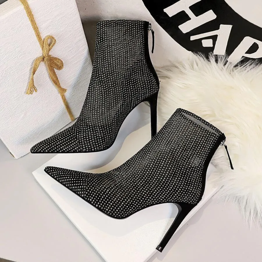 Black Mesh See Through Point Toe High Heel Ankle Boots