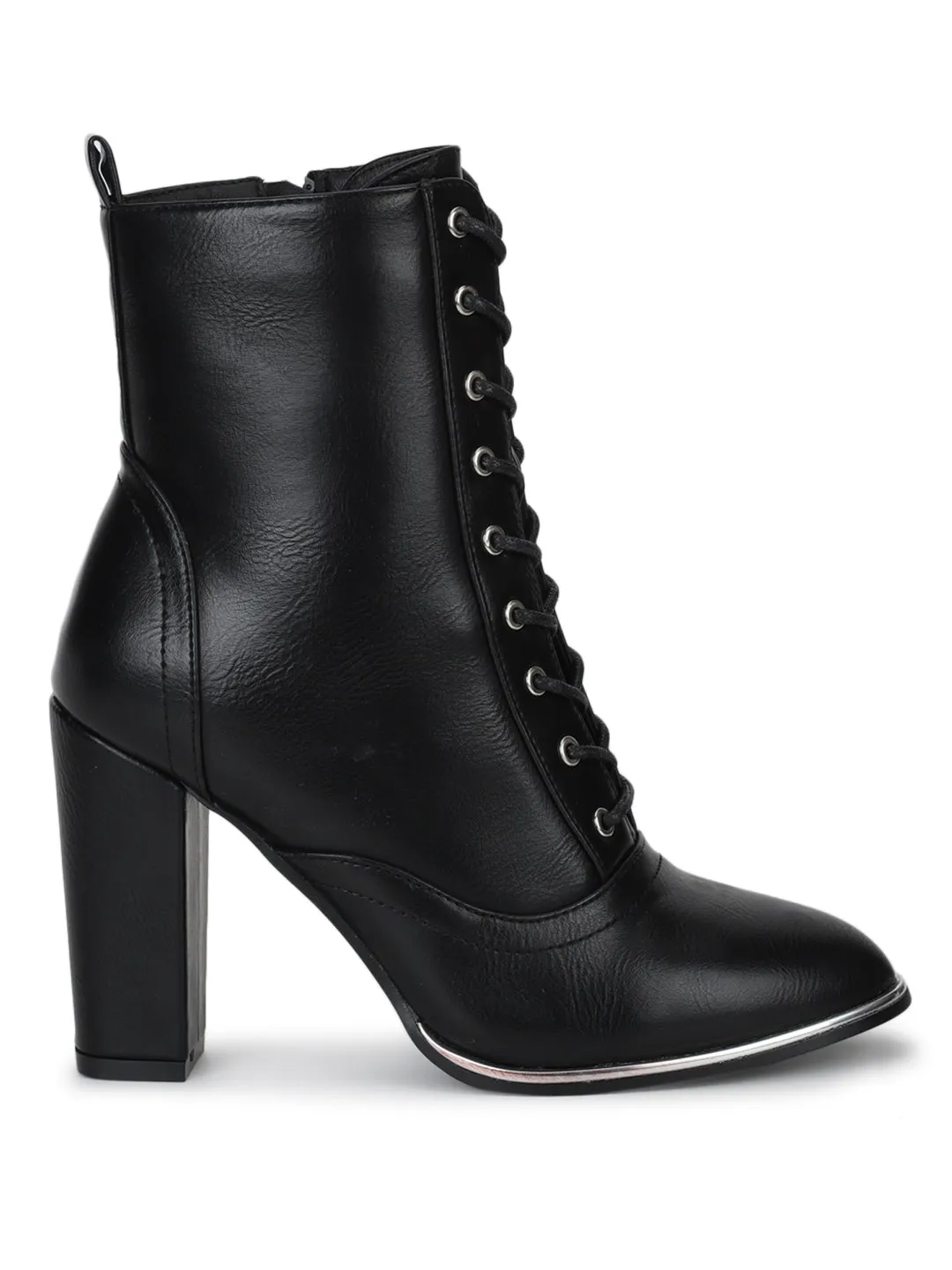 Black PU Lace-Up Block Heel Ankle Boots