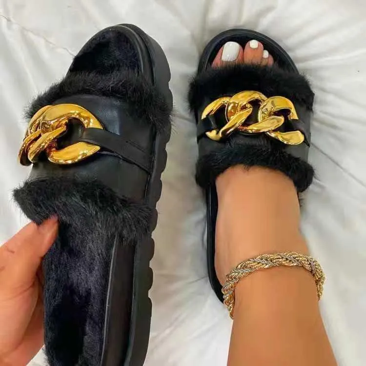 Boss Lady Comfy Brown Fur And Chain Designed Slide Slipper