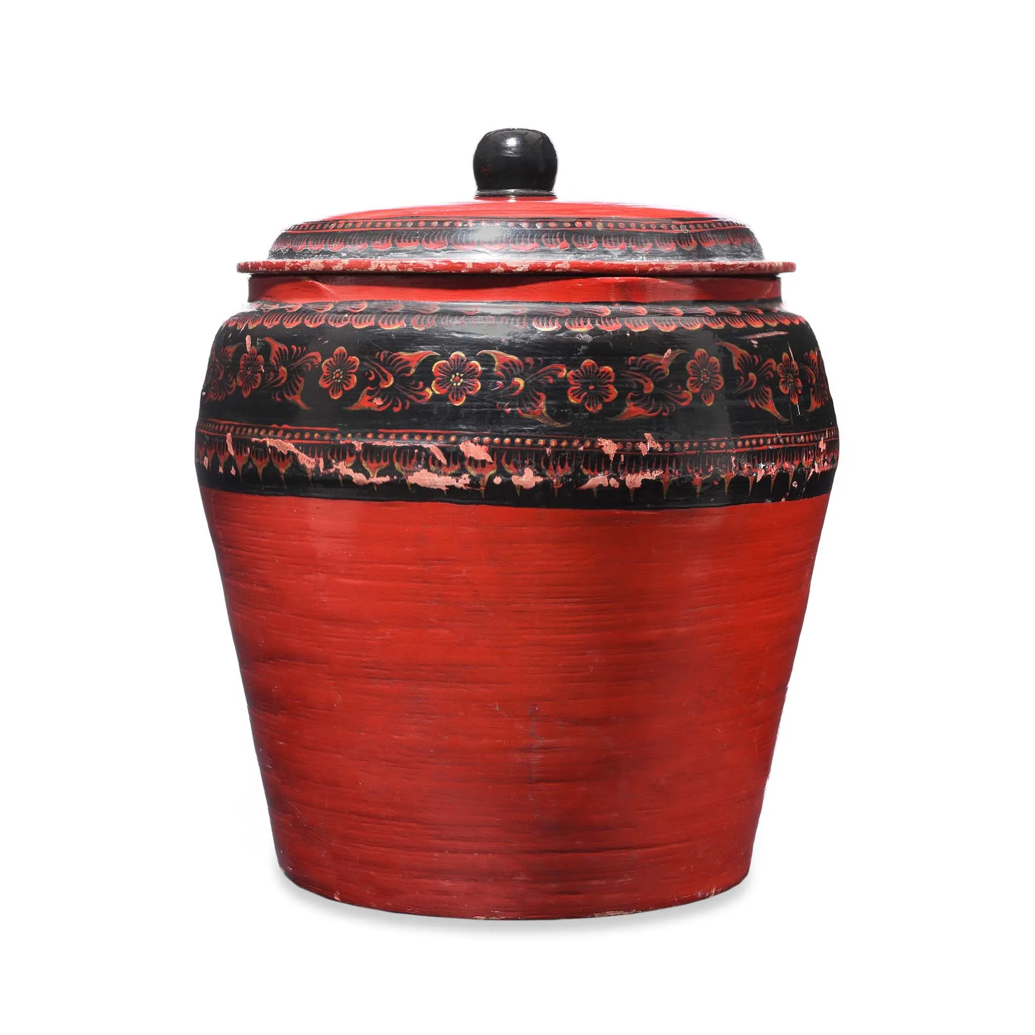 Burmese Red Painted Papier Mache Jar & Cover - Early 20th Century