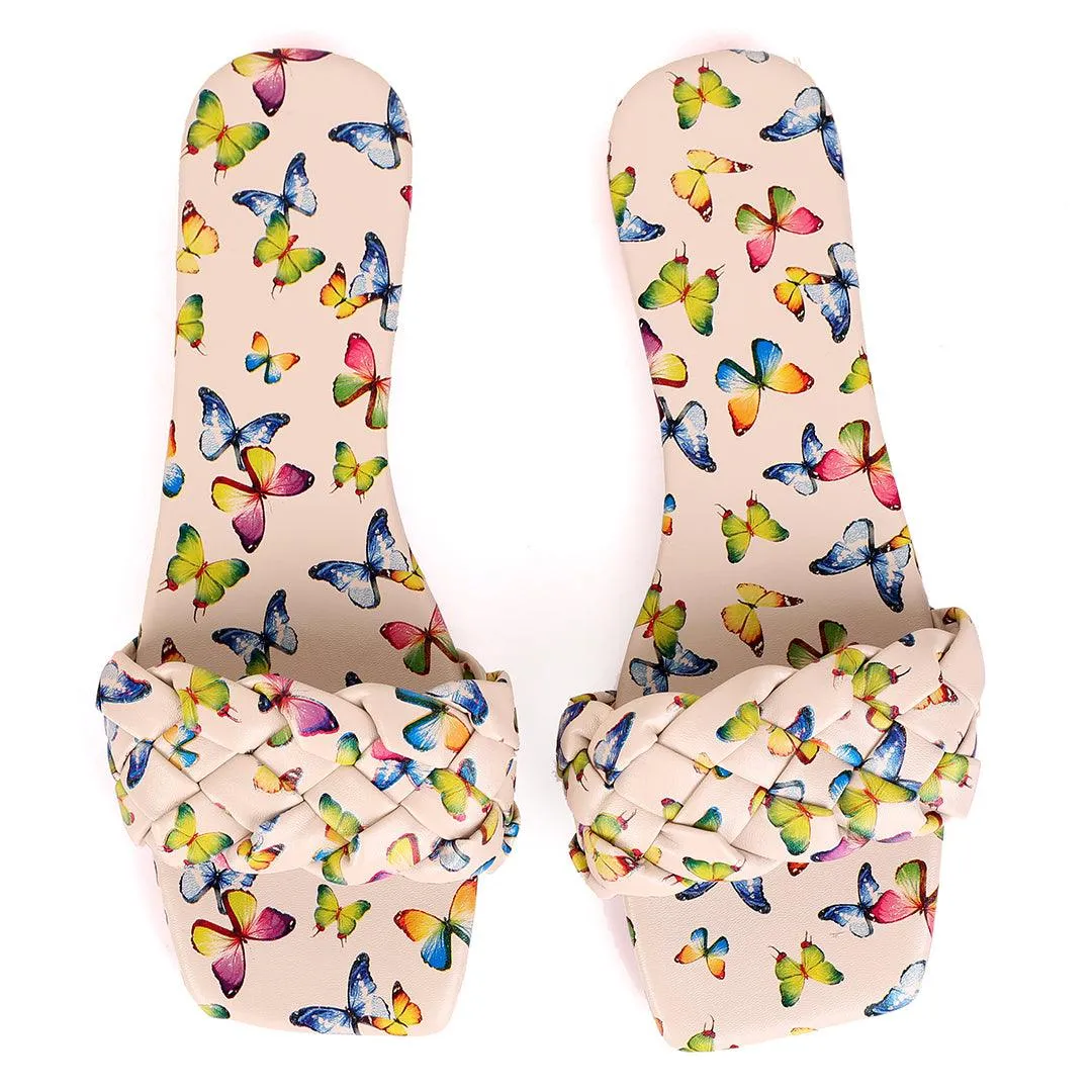 Classic Butterfly Printed Braid Strap Designed Slippers Brown