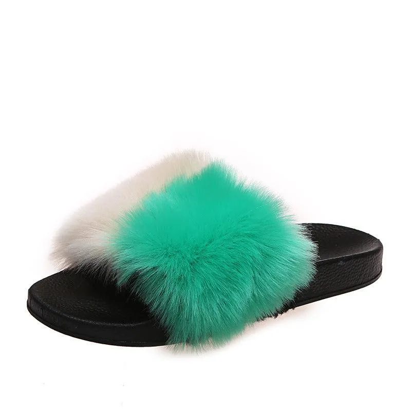 Classic Fur Designed Women's Slide Slipper- Green And Cream