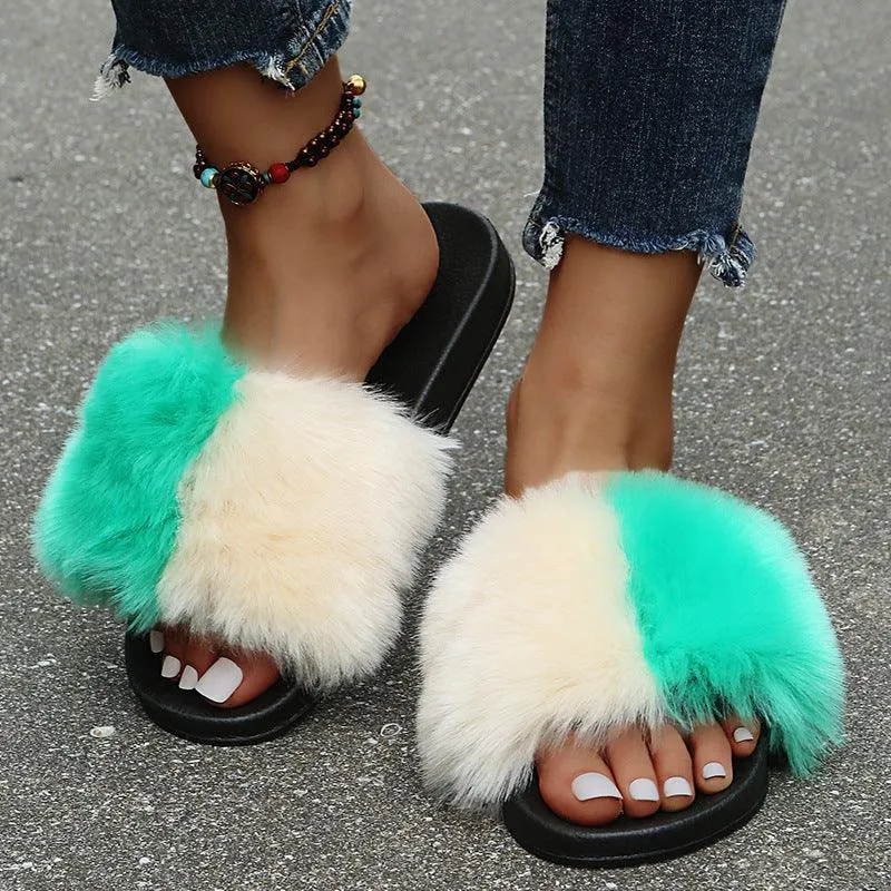 Classic Fur Designed Women's Slide Slipper- Green And Cream