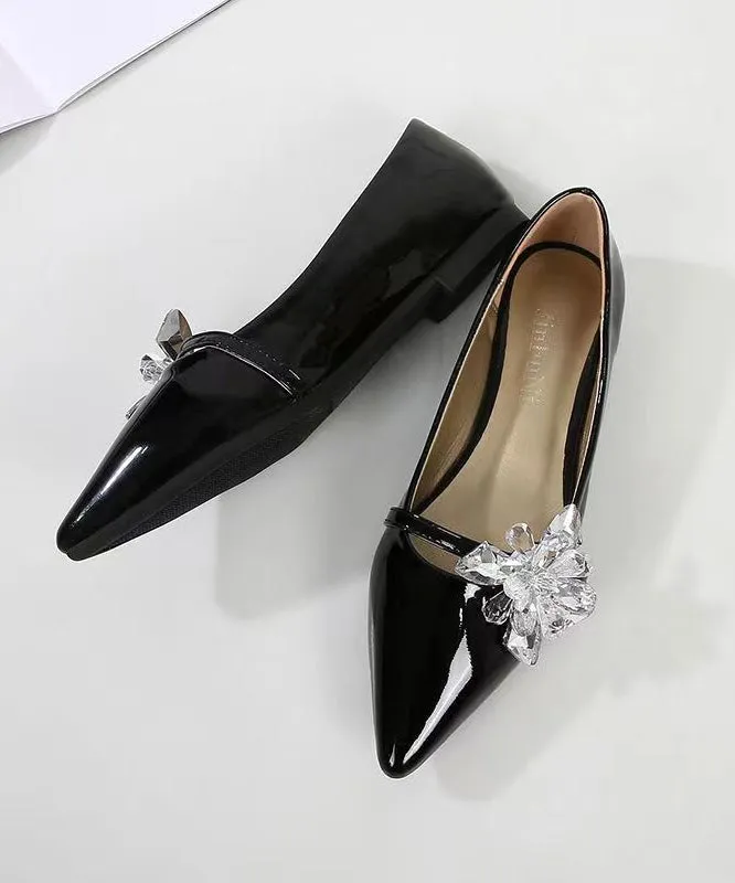 Comfy Black Pointed Toe Zircon Splicing Flat Shoes For Women CZ1021