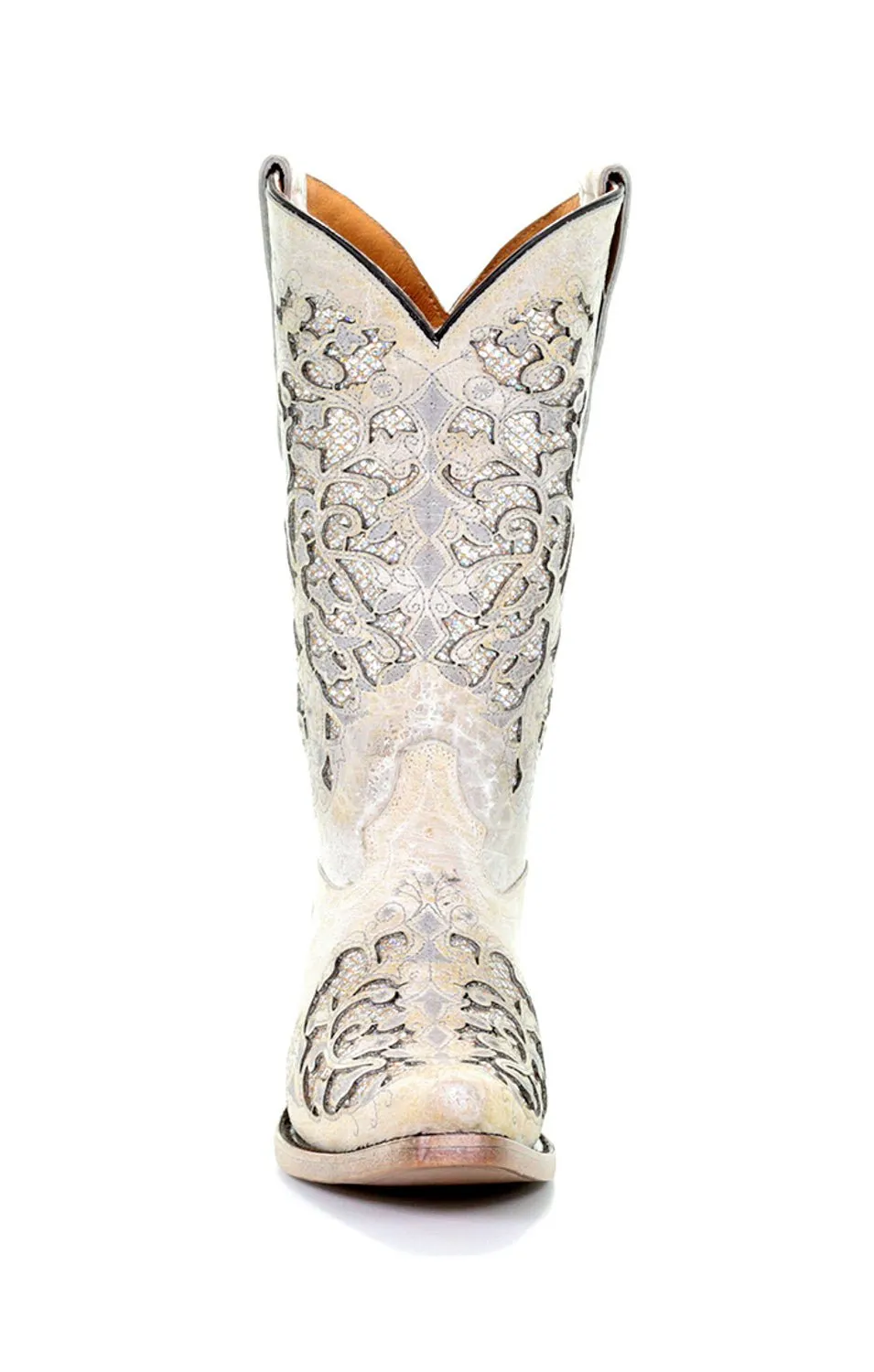 Corral Youth Girls T0021 White Leather 11in Glitter Inlay Cowboy Boots