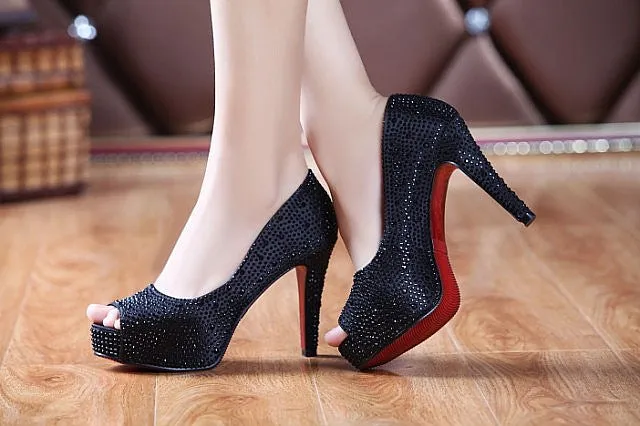 Crystal Wedding Shoes High Heel Waterproof Platform Rhinestone Banquet Shoes