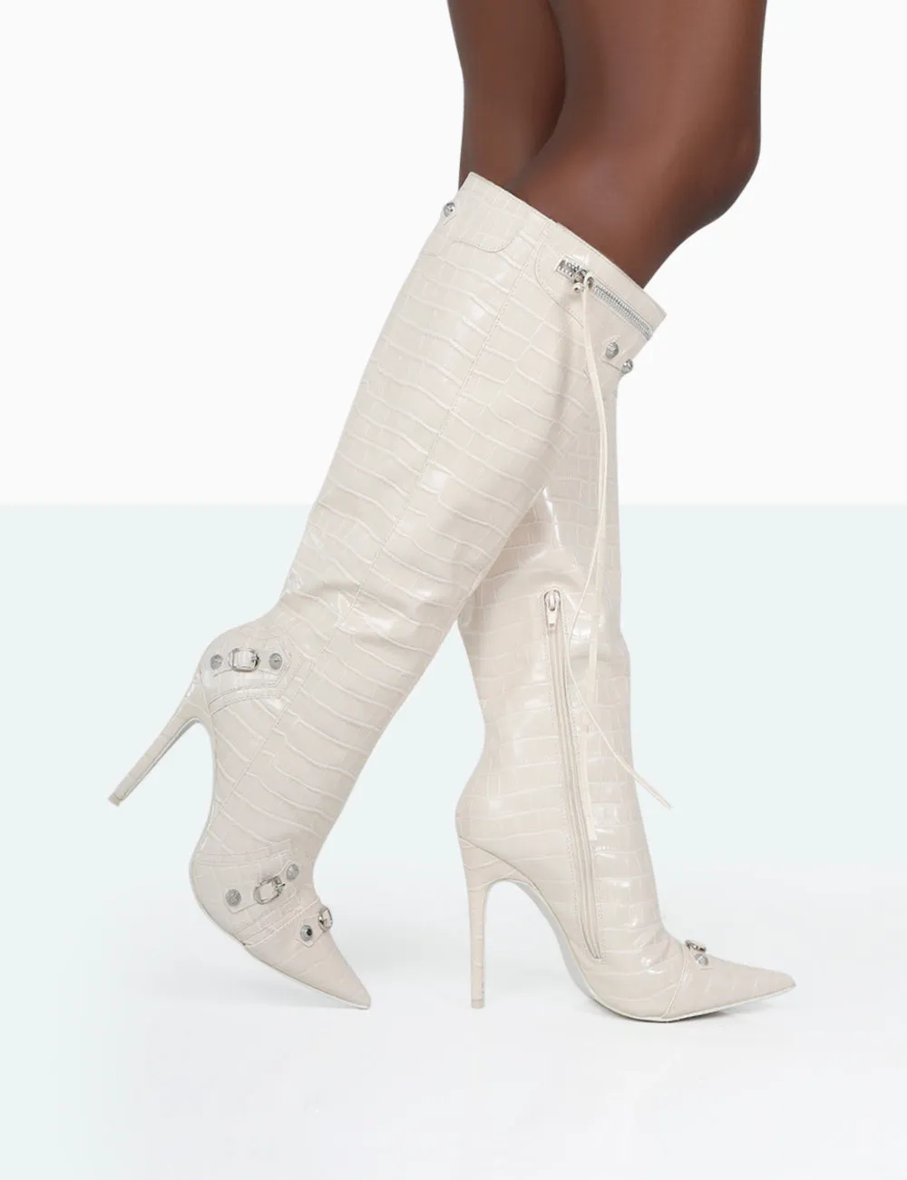 Davina Ecru Croc Pointed Toe Zip Detail Knee High Boots