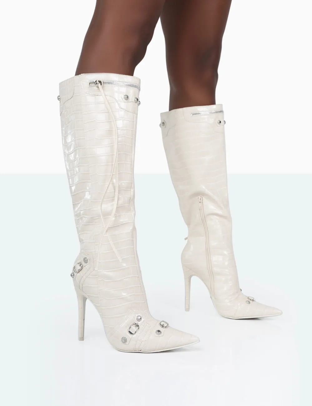 Davina Ecru Croc Pointed Toe Zip Detail Knee High Boots