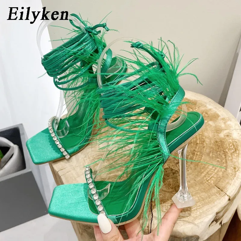 Eilyken Fashion Summer Rhinestone Feather Women Sandals Lace-up Cross-Tied Sexy Gladiator Square Toe Ladies High Heel Shoes