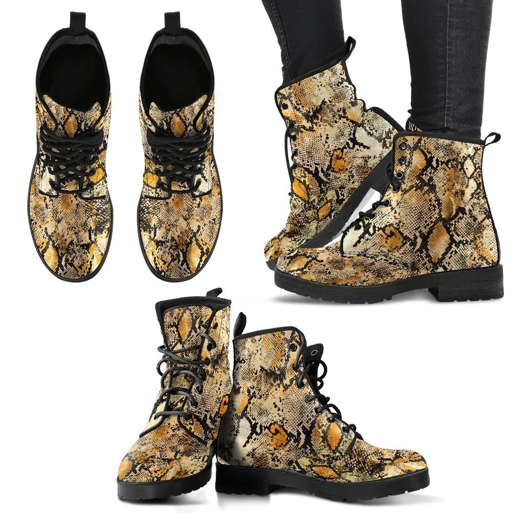 Fashion Combat Boots - Vintage Look Distressed Snake Skin Print #104 | Vegan Leather Snake Boots, Custom Shoes Women, Women's Boots, Unisex