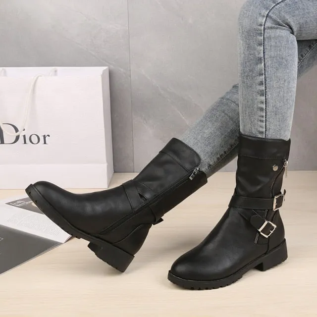 Funki Buys | Boots | Women's Buckle Strap Low Heel Biker Boot