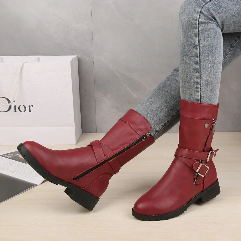 Funki Buys | Boots | Women's Buckle Strap Low Heel Biker Boot