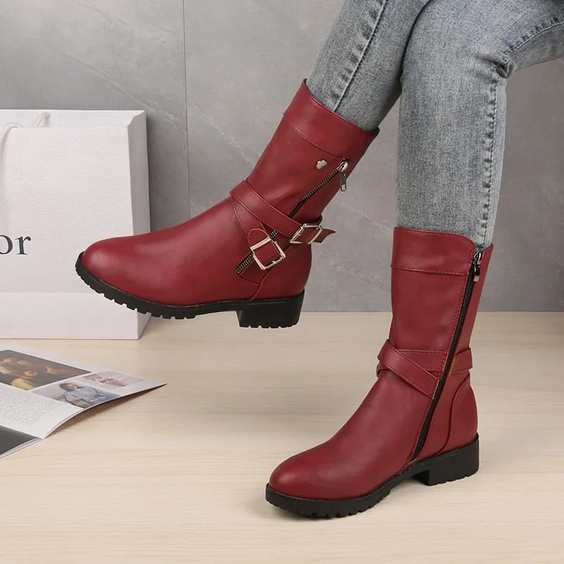 Funki Buys | Boots | Women's Buckle Strap Low Heel Biker Boot