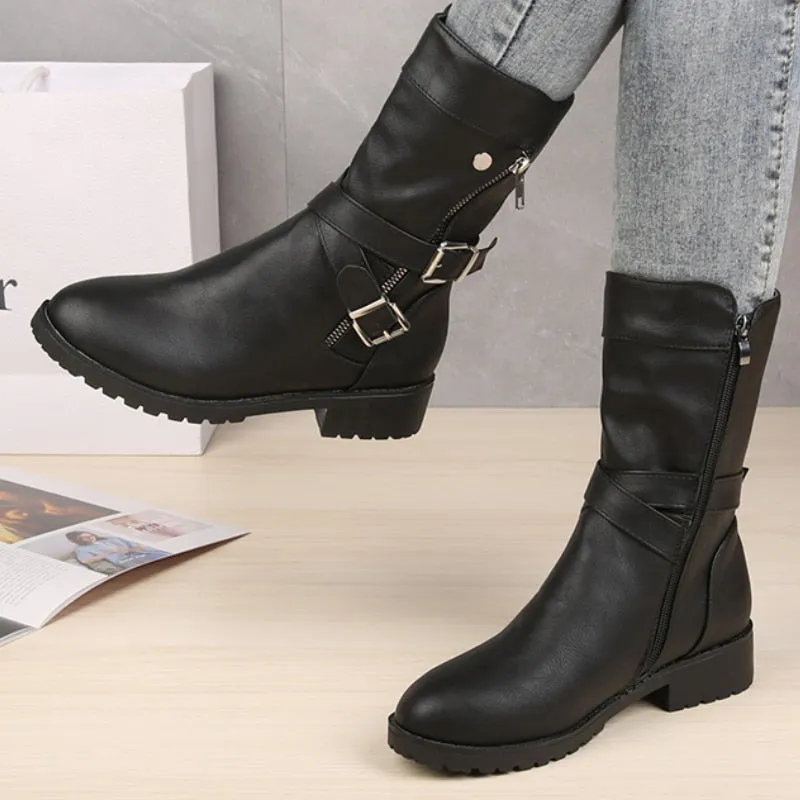 Funki Buys | Boots | Women's Buckle Strap Low Heel Biker Boot