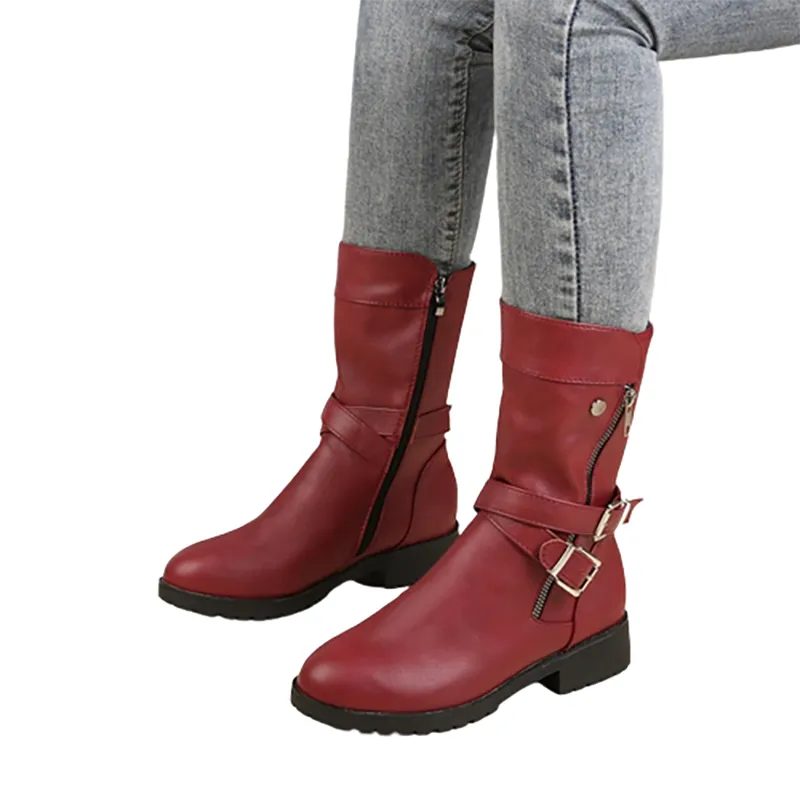 Funki Buys | Boots | Women's Buckle Strap Low Heel Biker Boot