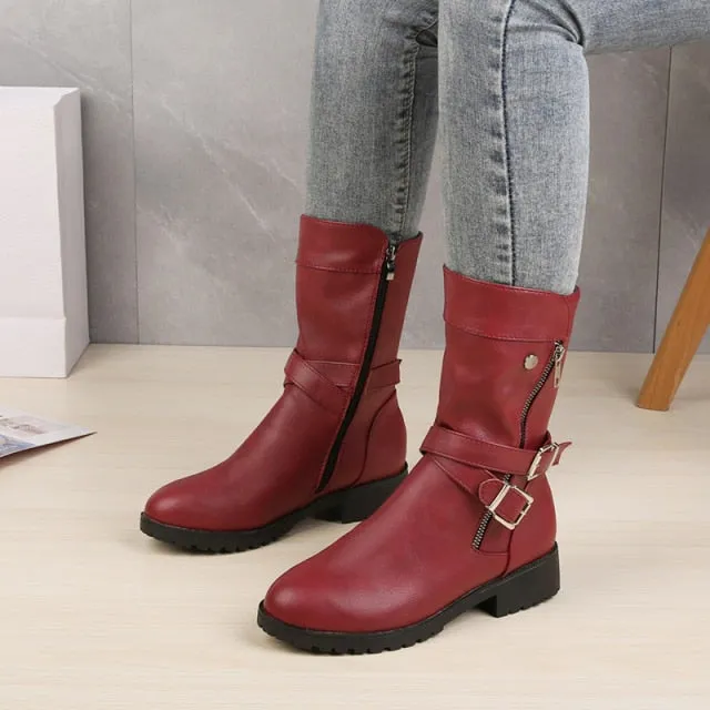 Funki Buys | Boots | Women's Buckle Strap Low Heel Biker Boot