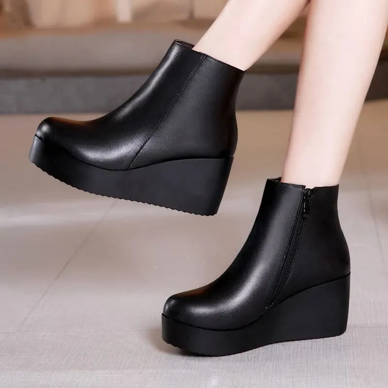 Genuine Leather Wedges Winter Boots For Women