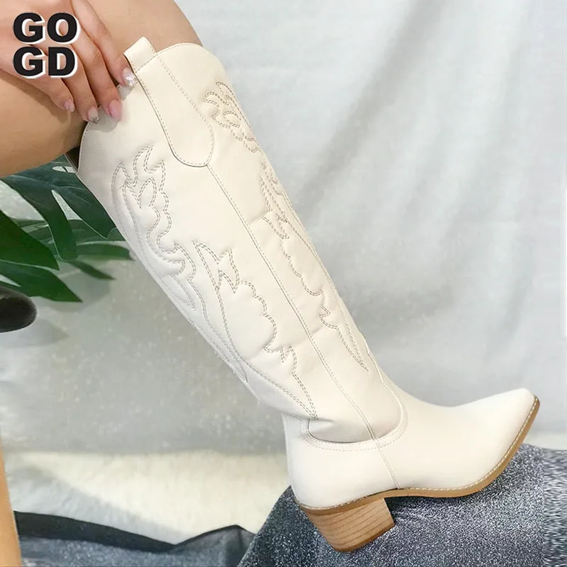 GOGD Retro Autumn Winter White Knee High Boots Big Size 41 Women Comfy Walking Female Western Cowboy Boot For Dropshipping Shoes