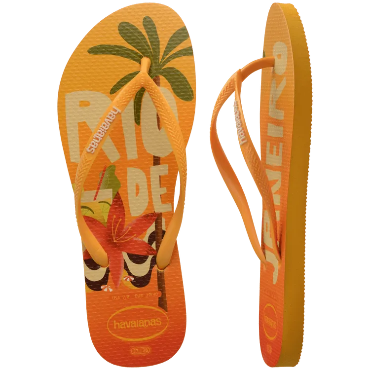 Havaianas Slim Print Postcard Flip Flops - Yellow Pop