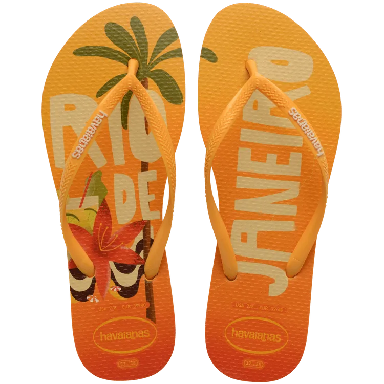 Havaianas Slim Print Postcard Flip Flops - Yellow Pop