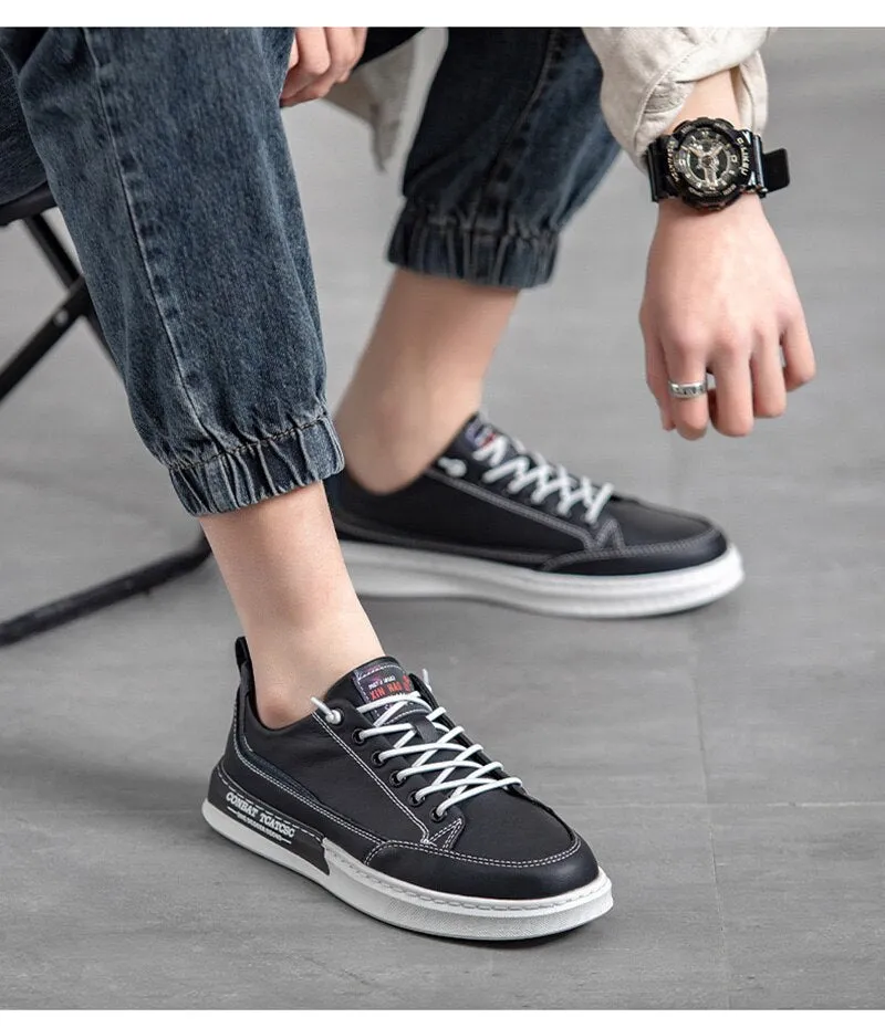 Hnzxzm 100% Genuine Leather Mens Casual Shoes Cool Young Man Street Style Cow Leather Brand Male Footwear Black White Shoes A4445