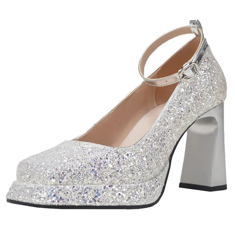 Hnzxzm High Heels Silver Wedding Shoes Women 2024 New Fashion Ankle Buckle Platform Pumps Woman Luxury Sequins Glitter Mary Jane Shoes