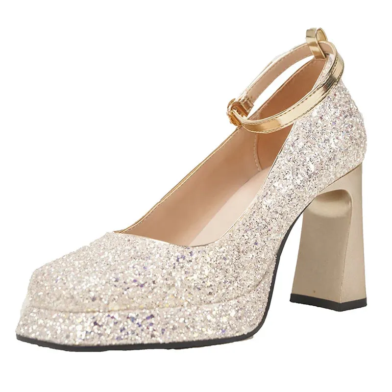 Hnzxzm High Heels Silver Wedding Shoes Women 2024 New Fashion Ankle Buckle Platform Pumps Woman Luxury Sequins Glitter Mary Jane Shoes