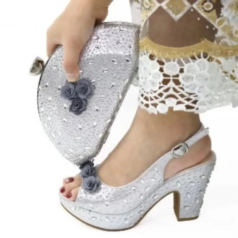 Italian Design Rhinestone Shoes and Matching Bag for Weddings