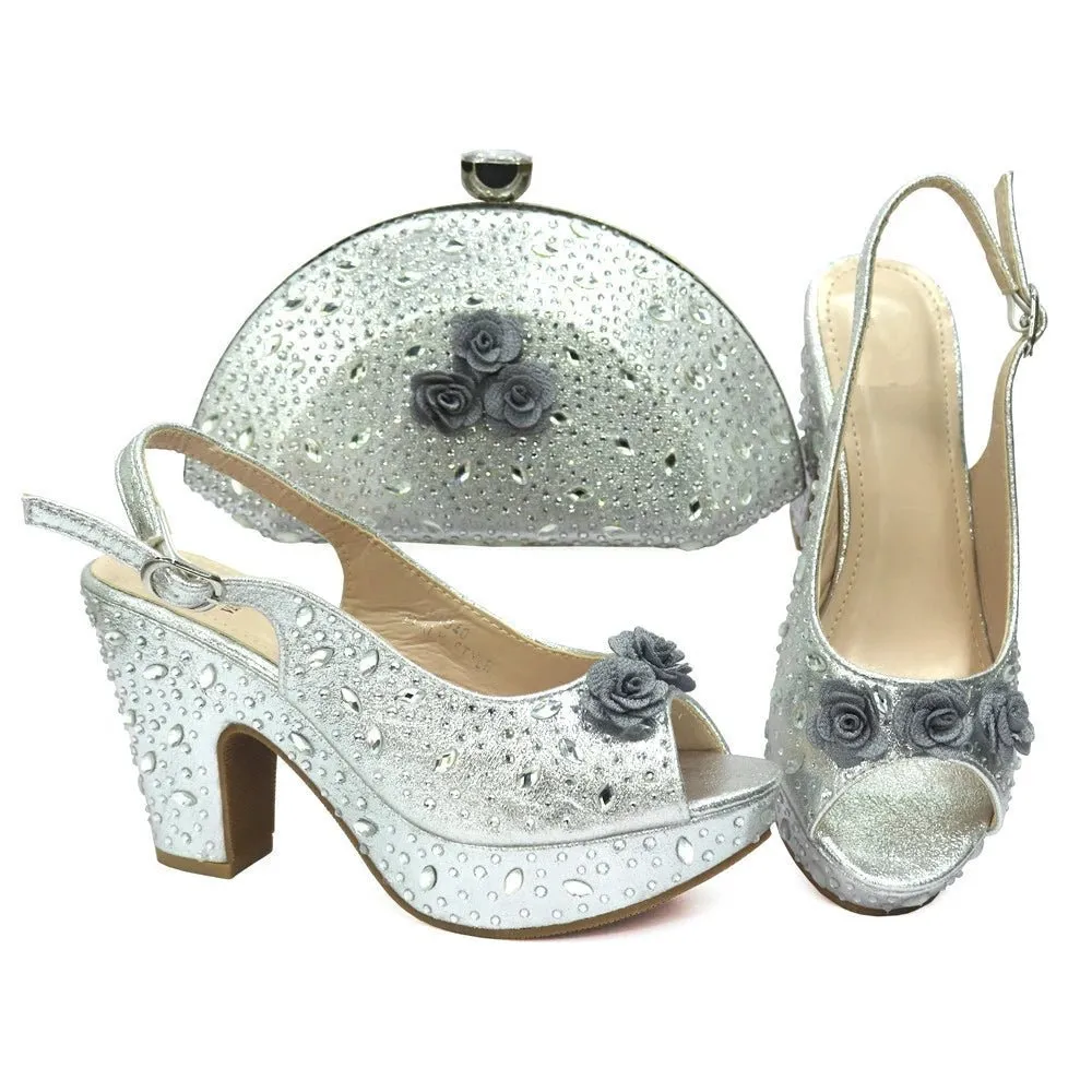 Italian Design Rhinestone Shoes and Matching Bag for Weddings