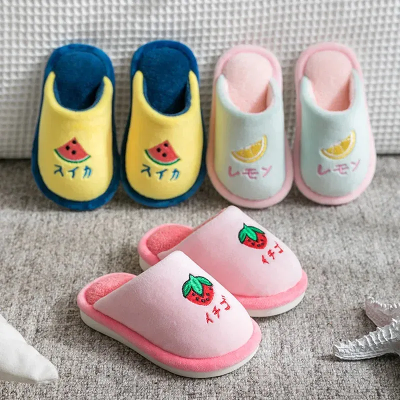 Kids Winter Warm Slippers Thick Cotton Chidlren Boys Girls Non-slip Slippers Home Hotel Casual Fruits Pattern Slippers Shoes