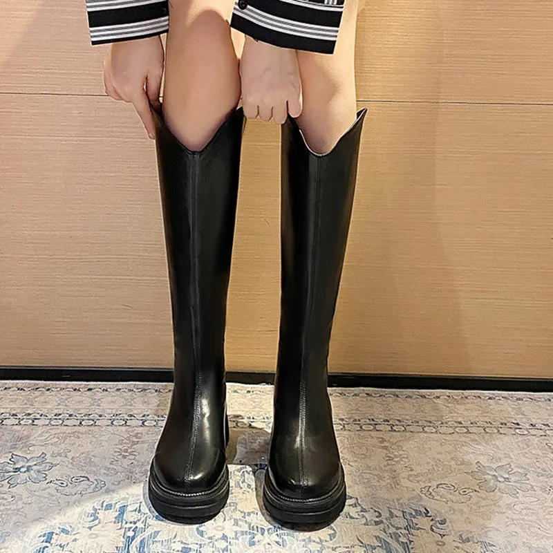 Leather Knee High Boots with a Back Zipper Platform Sole