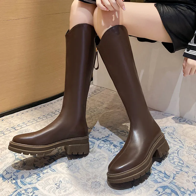 Leather Knee High Boots with a Back Zipper Platform Sole