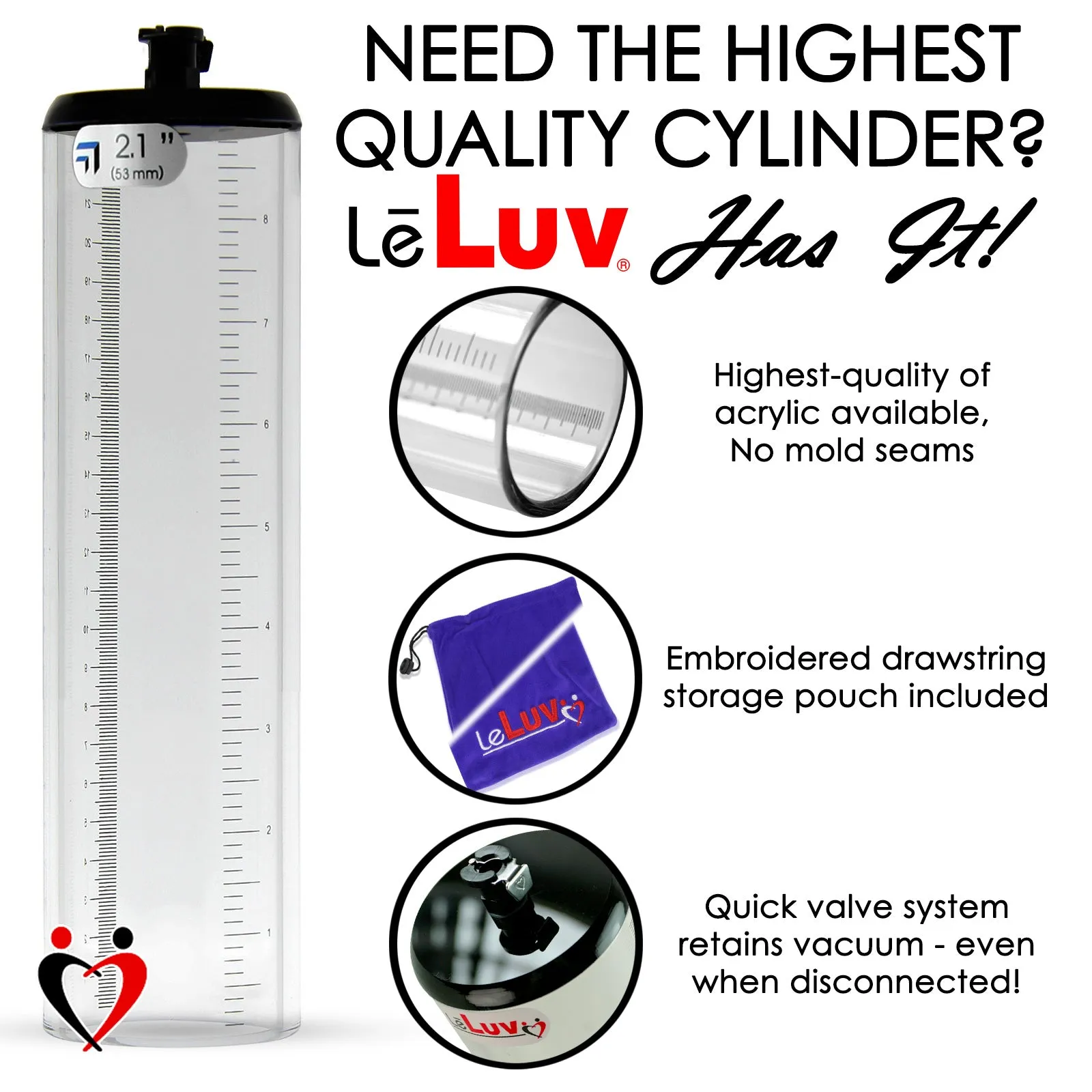 LeLuv Primo Lite Penis Pump -  Vacuum and Inflator Handle - Thick-Walled Cylinder Options