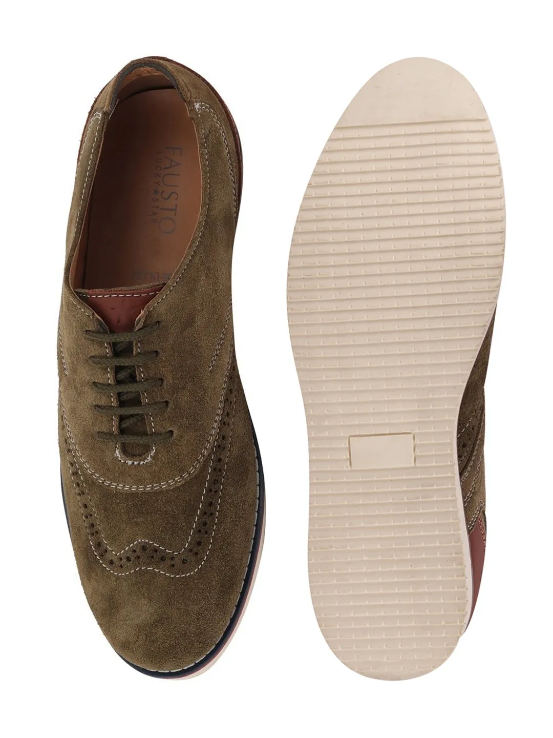 Men Olive Suede Leather Oxford Casual Shoes