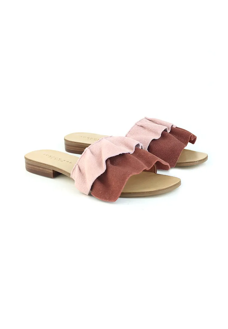 Pink Brown Flat Frill Slip-On Sandal