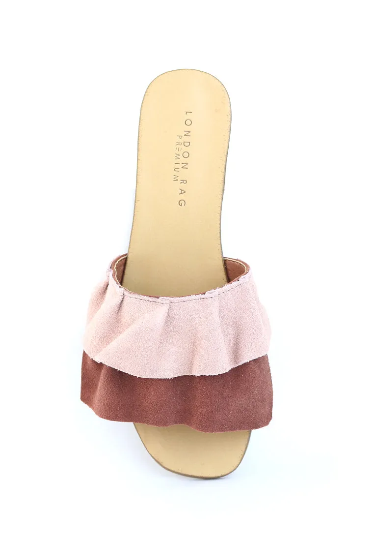 Pink Brown Flat Frill Slip-On Sandal