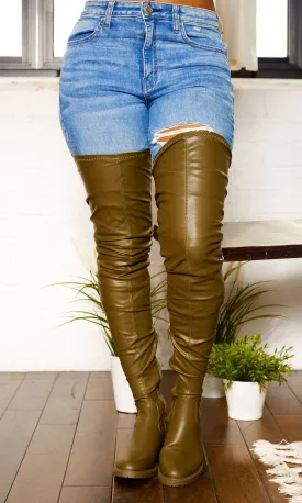 She's Killing It Surgical | Thigh High Flat Stretch Boots - Olive FINAL SALE