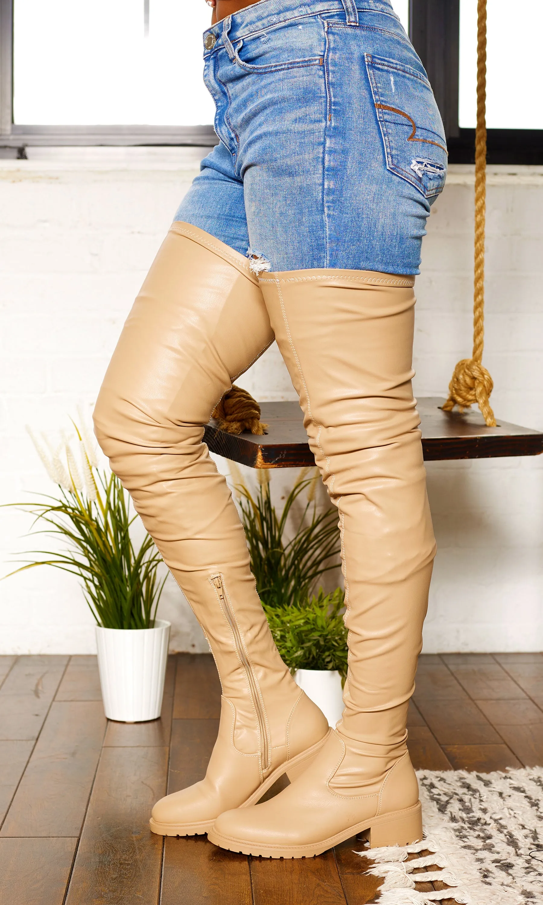 She's Killing It Surgical | Thigh High Flat Stretch Boots - Sand FINAL SALE