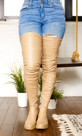 She's Killing It Surgical | Thigh High Flat Stretch Boots - Sand FINAL SALE