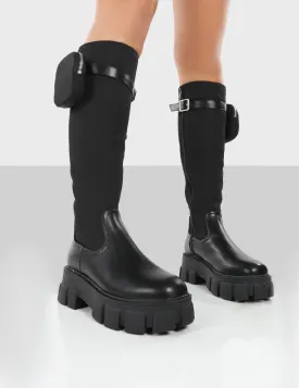 Showing Up Wide Fit Black Nylon Chunky Sole Pocket Detail Knee High Boots