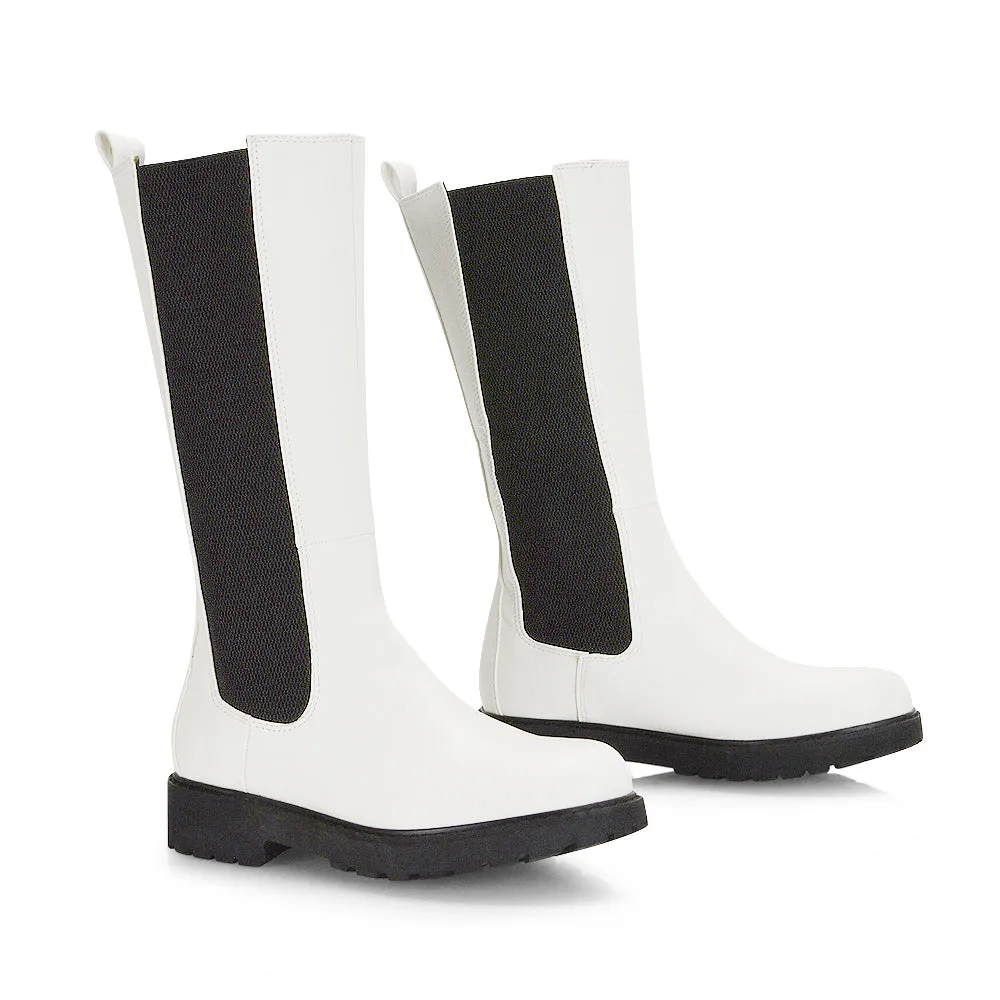 Suzie Flat Low Block Heel Slip on below the Knee Biker Boots in Black Patent