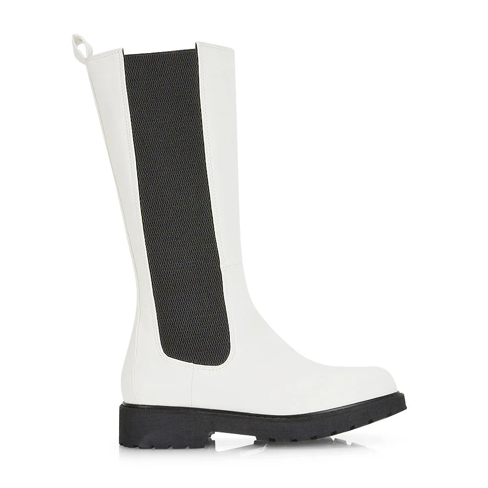 Suzie Flat Low Block Heel Slip on below the Knee Biker Boots in Black Patent