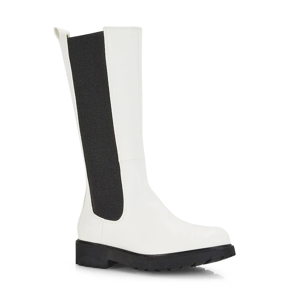 Suzie Flat Low Block Heel Slip on below the Knee Biker Boots in Black Patent