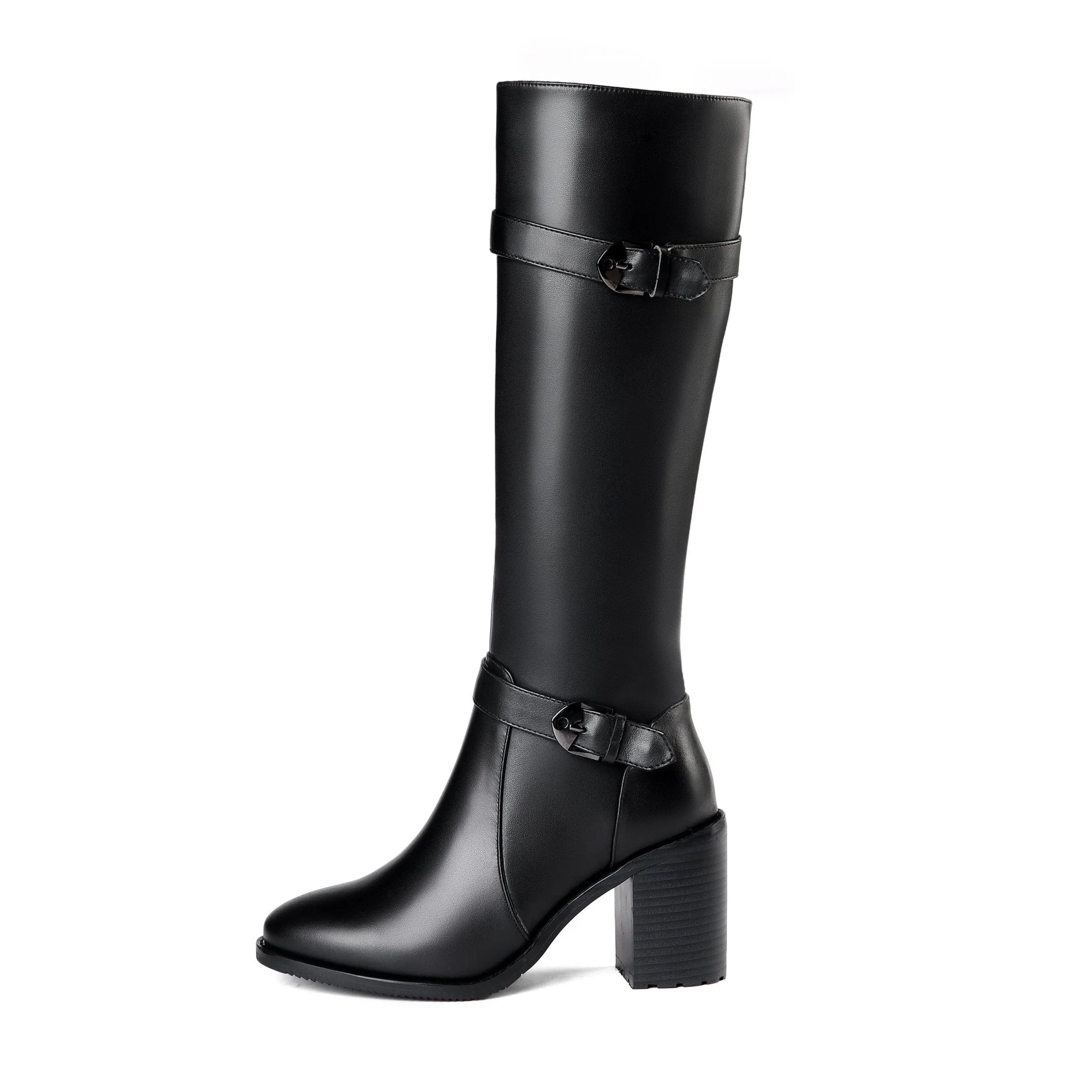 Tinacus Genuine Leather Round Toe Chunky High Heel Comfortable Knee High Boots