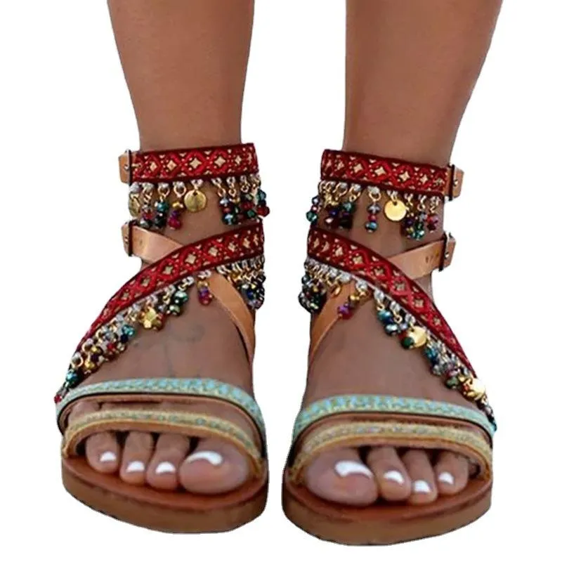 Women boho peep toe ankle strap flat summer beach sandals