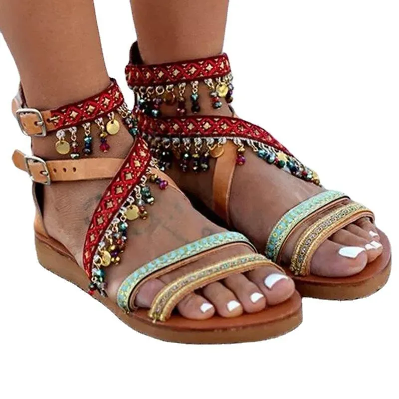 Women boho peep toe ankle strap flat summer beach sandals